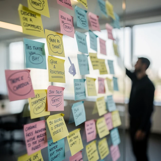 Paroi vitree couverte de post-its colores regroupes par theme lors d'un atelier collaboratif