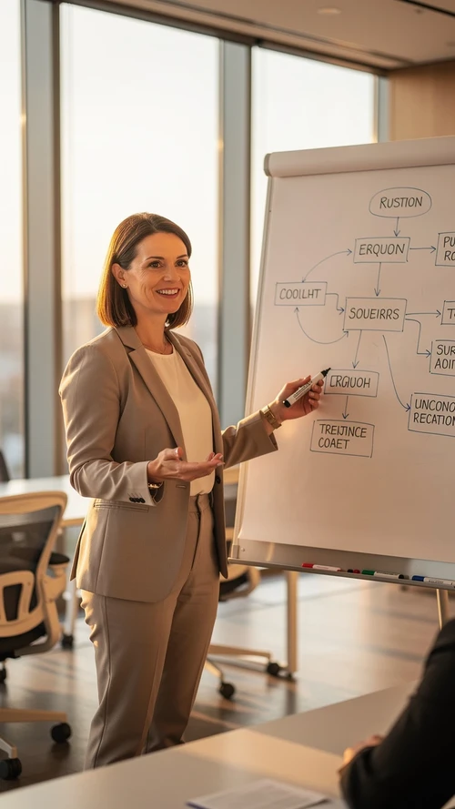 Animatrice professionnelle qui explique un schema au tableau lors d'un atelier d'equipe