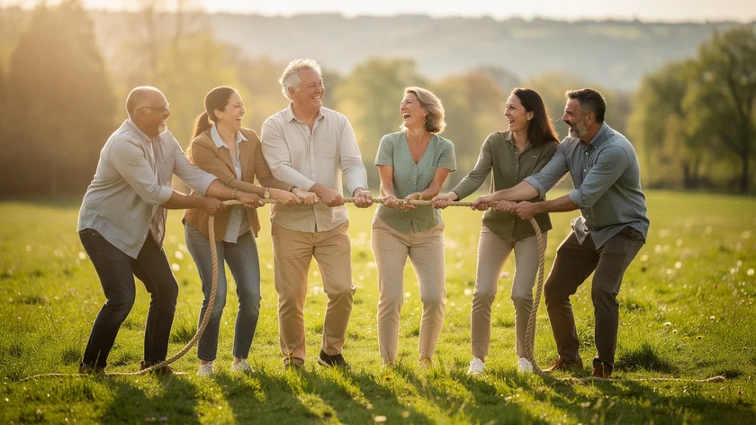 Sept collegues qui rient et tirent ensemble sur une corde lors d'une activite team building en exterieur