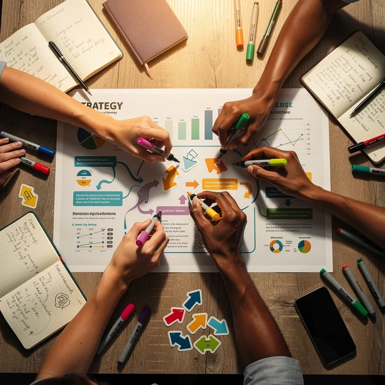 Vue plongeante sur quatre mains qui placent des marqueurs sur une carte de strategie collective