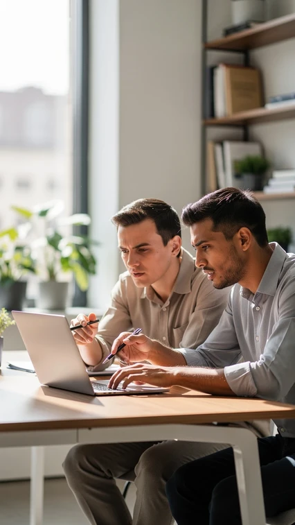 Duo de professionnels concentres devant un ecran d'ordinateur dans un bureau lumineux
