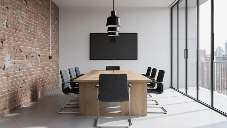 Salle de reunion contemporaine avec longue table en chene et grande baie vitree