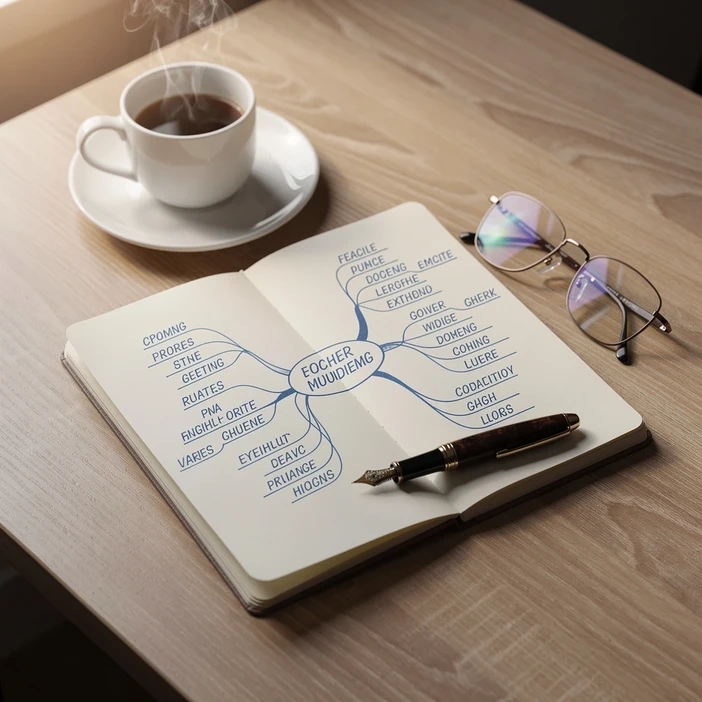 Vue de dessus d'un carnet ouvert avec une carte mentale dessinee, un cafe et un stylo plume