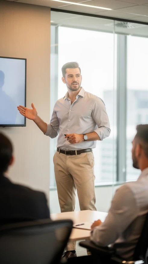 Jeune professionnel qui presente debout devant ses collegues dans un bureau moderne
