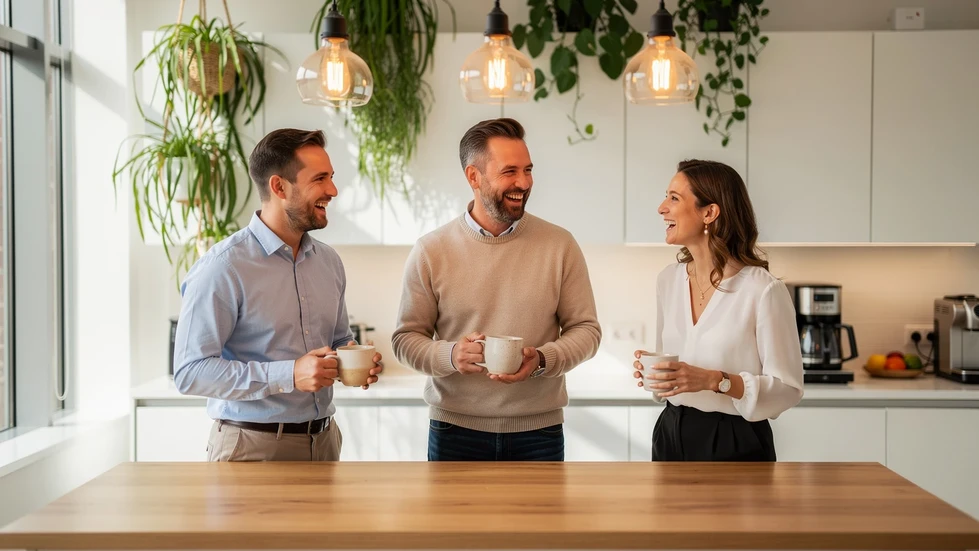 Trois collegues qui discutent et rient autour d'un ilot de cuisine dans un bureau moderne