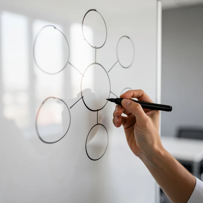 Gros plan d'une main qui trace un schema d'intelligence collective sur un tableau blanc