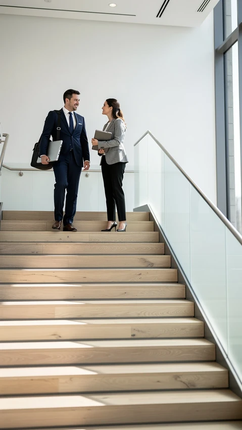 Deux professionnels qui montent un escalier en bois clair tout en discutant d'un projet