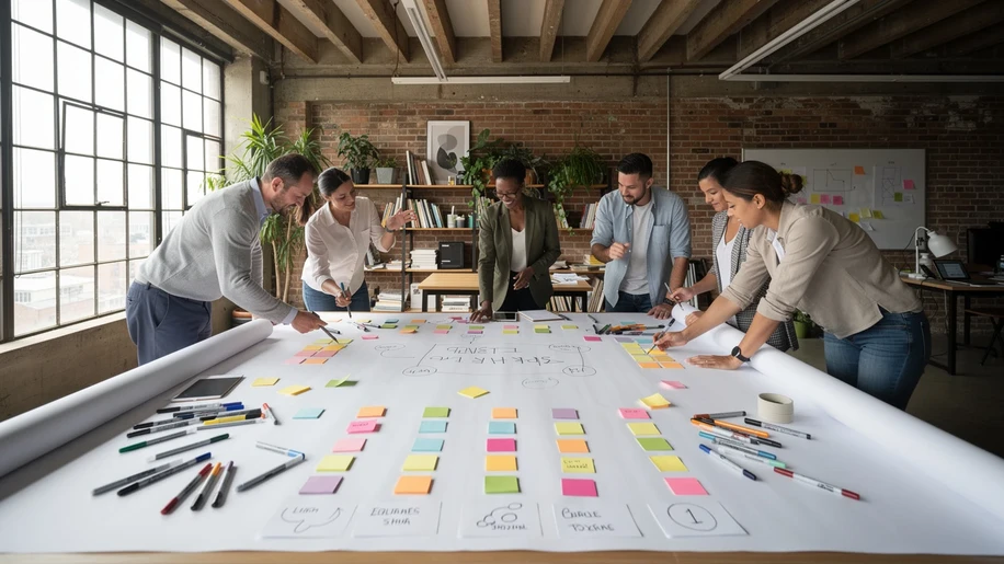 Six participants debout autour d'une grande table d'atelier creatif avec post-its et marqueurs