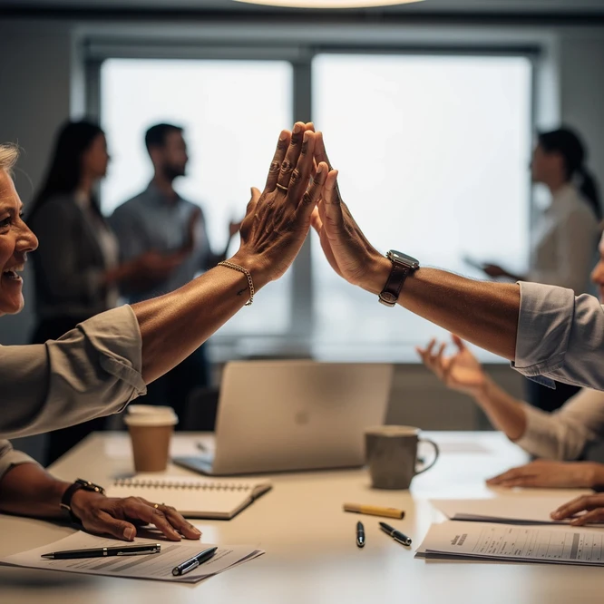 Quatre mains qui se rejoignent en high five au-dessus d'un bureau, geste de cohesion d'equipe