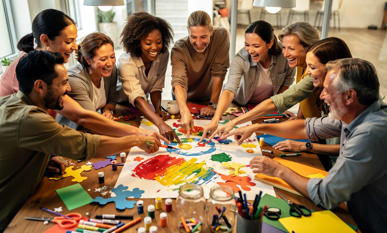 Une équipe diverse rit et collabore autour d’une table sur un projet artistique coloré, vue du dessus, avec de la peinture sur les mains et le papier.
