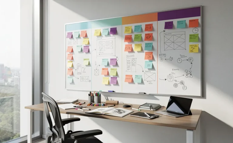 Un espace de travail lumineux avec un grand tableau blanc divisé en cinq sections colorées remplies de notes autocollantes, croquis et outils de création.