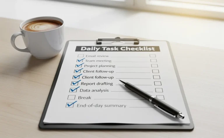 Un porte-bloc avec une checklist, un stylo et une tasse de café sont posés sur un bureau éclairé par la lumière naturelle.
