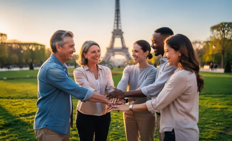 Un groupe diversifié de personnes souriantes se tient la main en cercle sur l’herbe, avec la tour Eiffel floue en arrière-plan sous une lumière dorée.