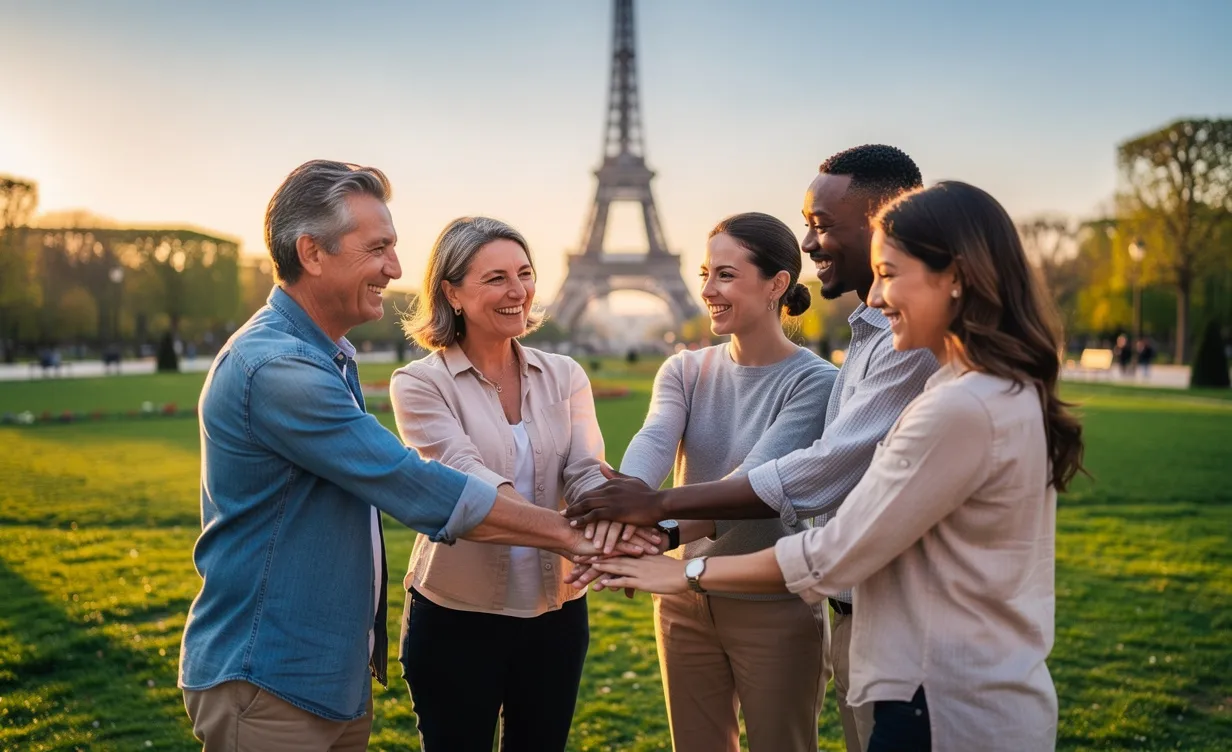 Un groupe diversifié de personnes souriantes se tient la main en cercle sur l’herbe, avec la tour Eiffel floue en arrière-plan sous une lumière dorée.