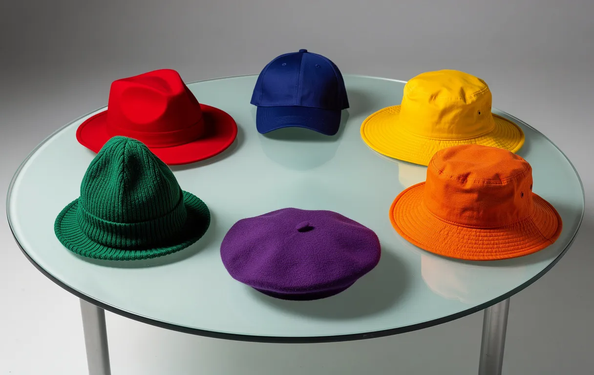 Six chapeaux colorés sont disposés en cercle sur une table en verre sous un éclairage lumineux.