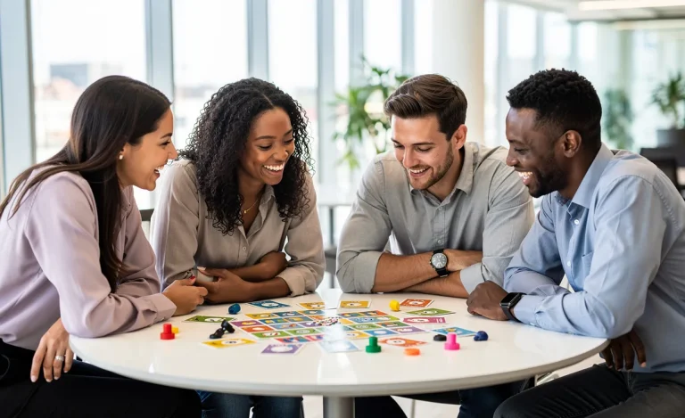 Quatre collègues de profils variés rient et collaborent autour d’un jeu de cohésion sur une table ronde dans un bureau lumineux.