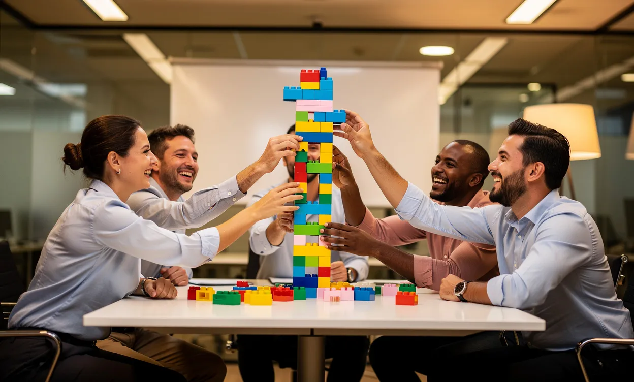 Un groupe de collègues assemble une tour de blocs colorés dans une salle de réunion moderne avec une lumière chaleureuse.