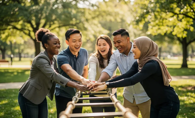 Un groupe de collègues de différentes origines rit ensemble lors d’un défi d’équipe en plein air dans un parc verdoyant sous une lumière naturelle.