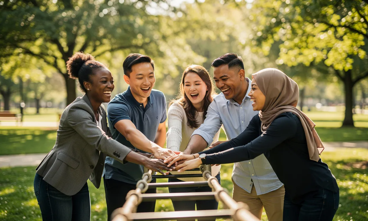 Un groupe de collègues de différentes origines rit ensemble lors d’un défi d’équipe en plein air dans un parc verdoyant sous une lumière naturelle.