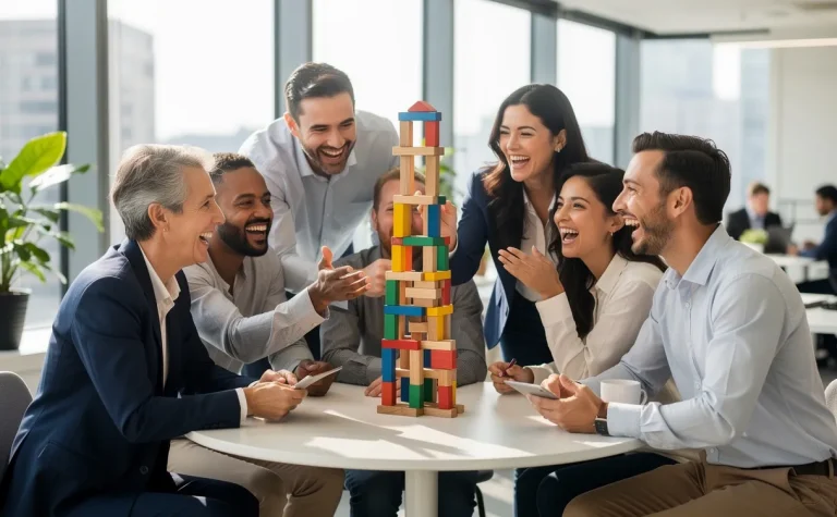Sept collègues rient ensemble autour d’une table en construisant une tour colorée avec des blocs en bois dans un bureau lumineux.