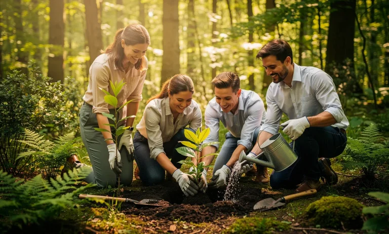 Des collègues plantent des arbres ensemble dans une forêt verdoyante sous des rayons de soleil filtrant à travers les feuillages.