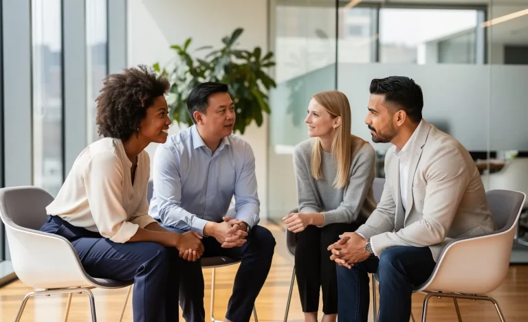 Quatre collègues de diverses origines sont assis en cercle sur des chaises modernes dans un bureau lumineux, échangeant des regards attentifs sous une douce lumière naturelle.