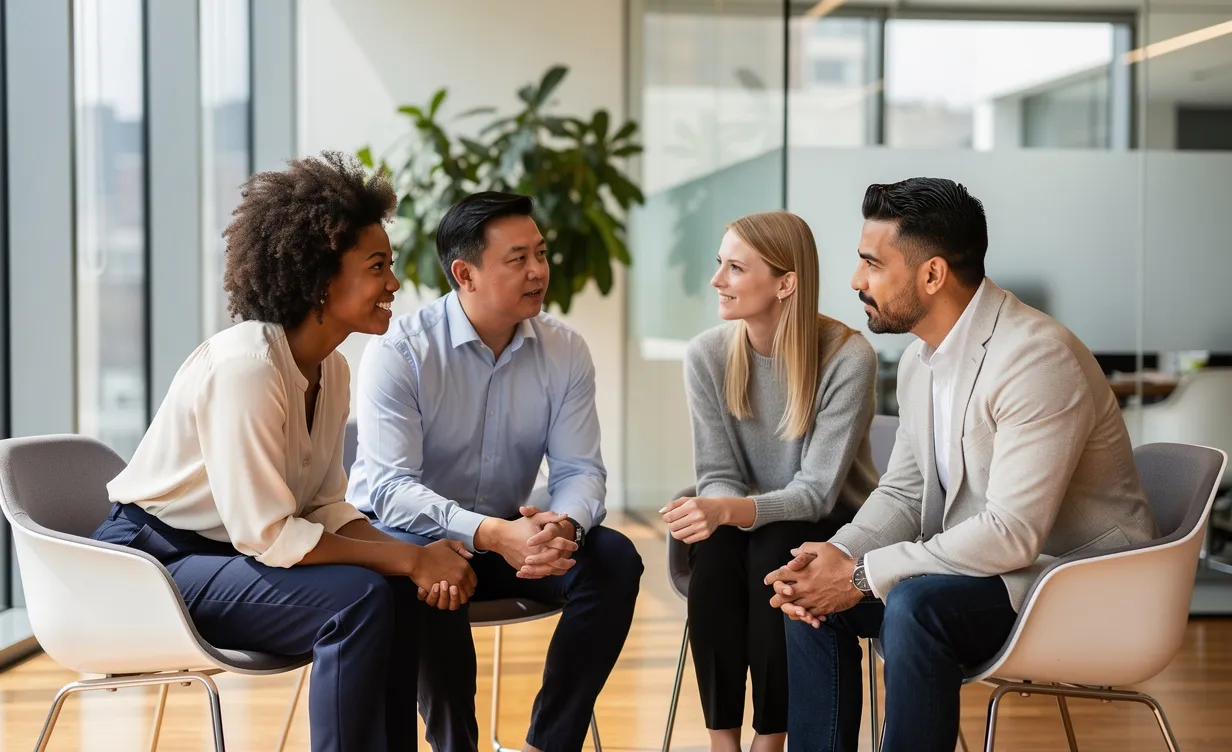 Quatre collègues de diverses origines sont assis en cercle sur des chaises modernes dans un bureau lumineux, échangeant des regards attentifs sous une douce lumière naturelle.