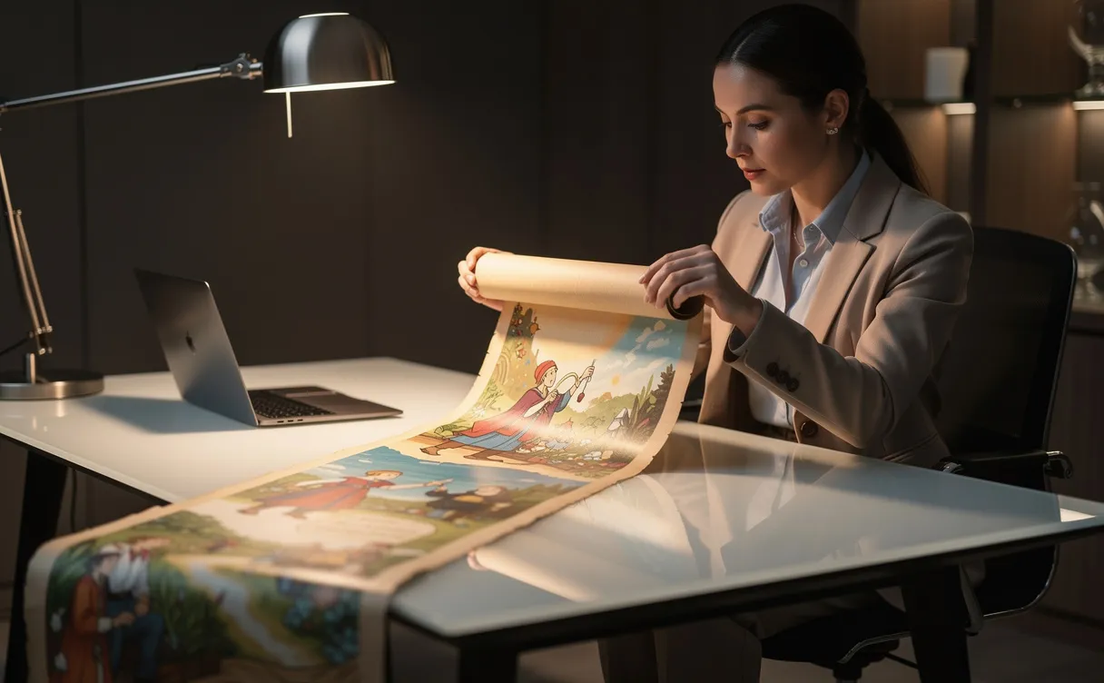 Un professionnel assis seul à un bureau moderne déroule un parchemin illustré d’histoires colorées sous une lumière chaleureuse.