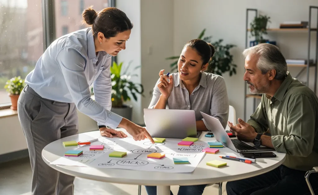 Une équipe diversifiée de quatre personnes collabore autour d’une table ronde avec des notes colorées et des schémas dans un espace de travail moderne et lumineux.