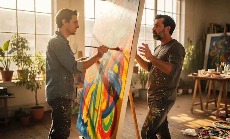 Deux collègues travaillent ensemble dans un atelier lumineux, l’un peint sur une grande toile aux couleurs vives tandis que l’autre adopte une pose théâtrale à côté de l’œuvre.