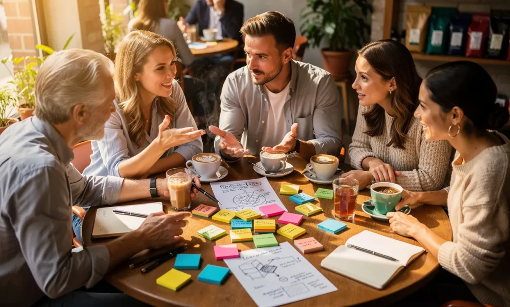Un petit groupe de personnes diverses discute autour d’une table ronde dans un café lumineux, avec des papiers et des notes colorées étalés devant eux.
