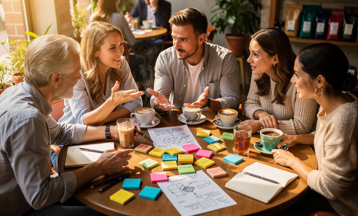 Un petit groupe de personnes diverses discute autour d’une table ronde dans un café lumineux, avec des papiers et des notes colorées étalés devant eux.