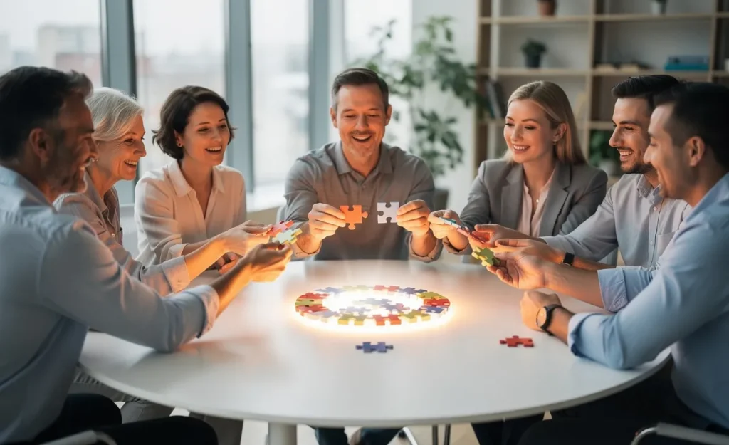 Une équipe diversifiée assise autour d’une table ronde assemble des pièces de puzzle colorées formant une solution lumineuse au centre.