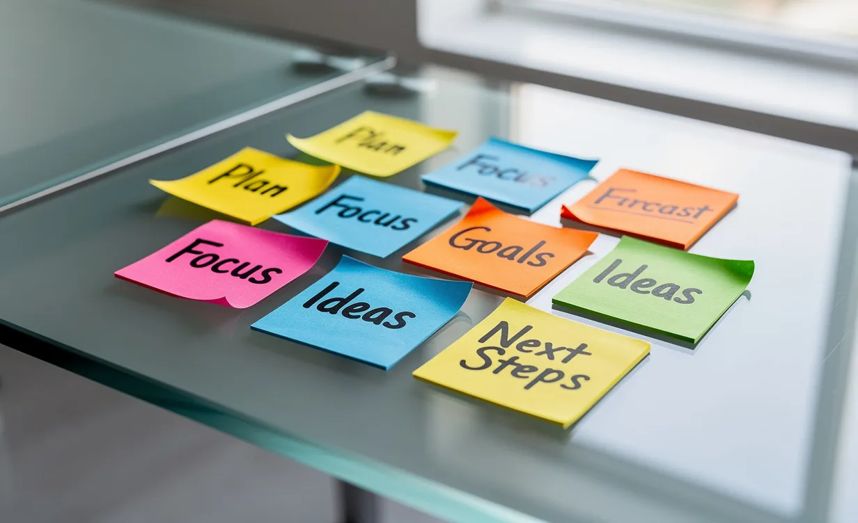 Des notes autocollantes vivement colorées sont alignées sur une table en verre, chacune portant une idée visible, avec un arrière-plan flou et une lumière naturelle.