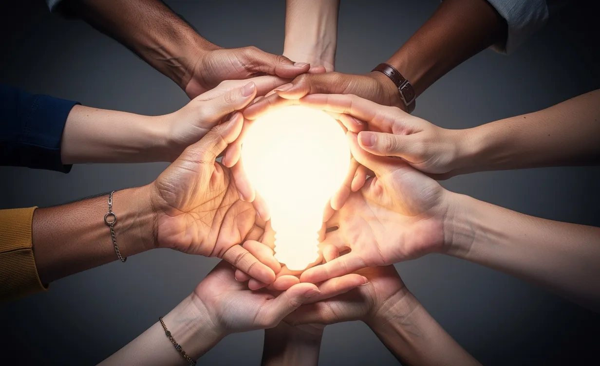 Plusieurs mains de différentes origines se rejoignent pour former une ampoule lumineuse au centre, illustrant l’intelligence collective.