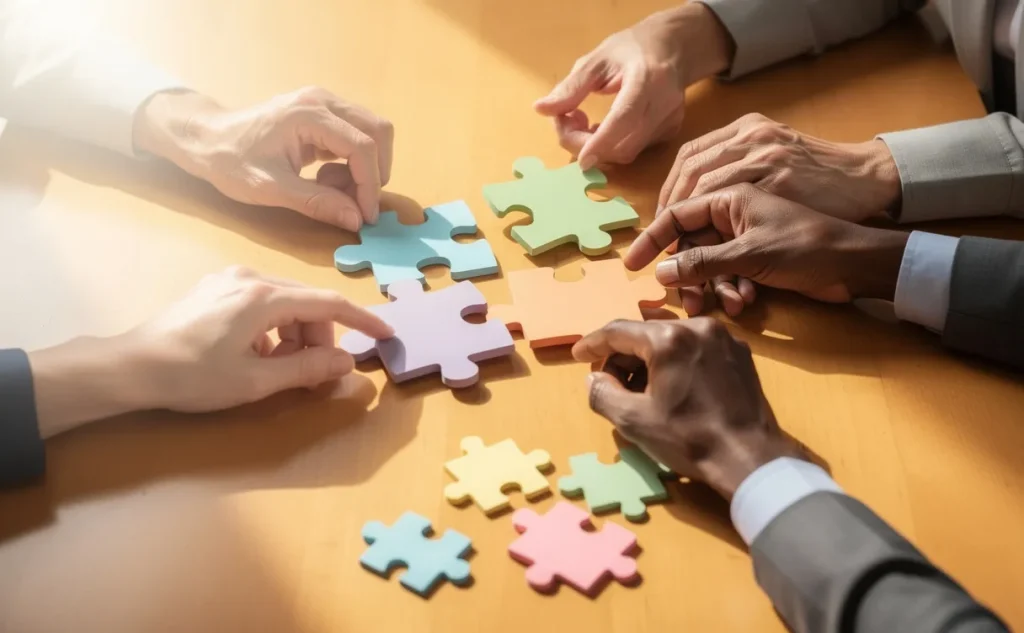 Des mains de personnes diverses assemblent des pièces de puzzle sur une table en bois clair, illustrant la collaboration.