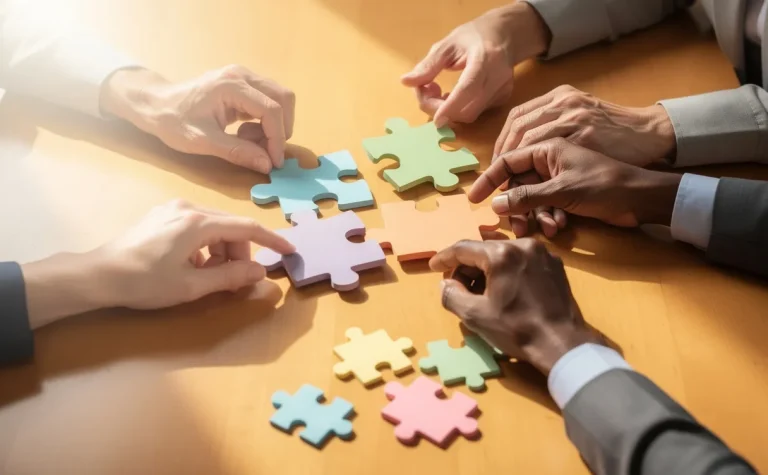 Des mains de personnes diverses assemblent des pièces de puzzle sur une table en bois clair, illustrant la collaboration.