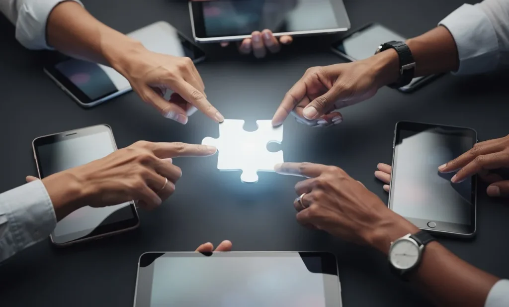 Des mains variées sortent d’appareils numériques pour assembler une pièce de puzzle lumineuse au centre d’un espace de travail virtuel.