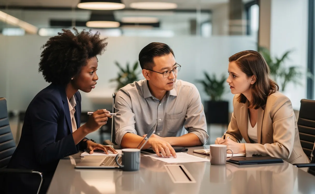 Trois professionnels de différentes origines discutent autour d’une table moderne dans un bureau éclairé chaleureusement.