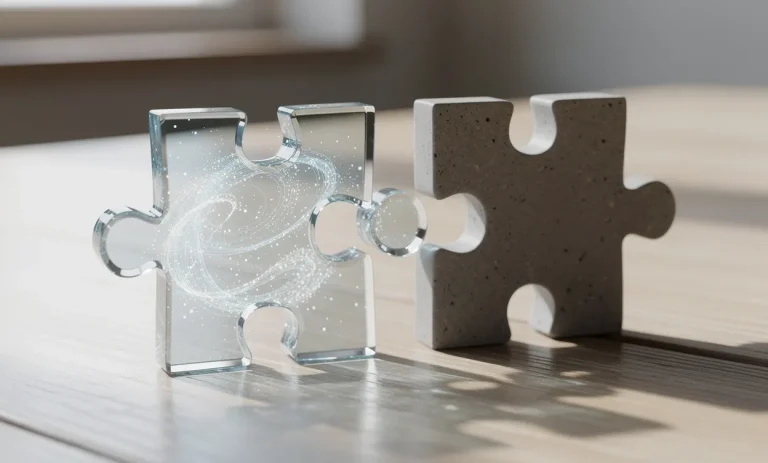 Deux pièces de puzzle, l'une en verre translucide illuminée de lueurs, l'autre en pierre mate, reposent sur une table en bois clair sous une lumière naturelle.