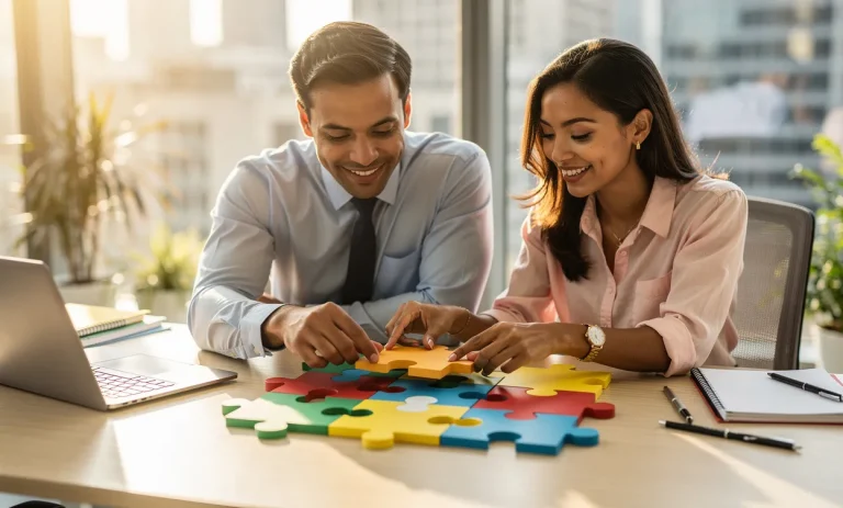 Deux collègues assemblent des pièces de puzzle sur une table de bureau éclairée, illustrant la collaboration et l’entente professionnelle.