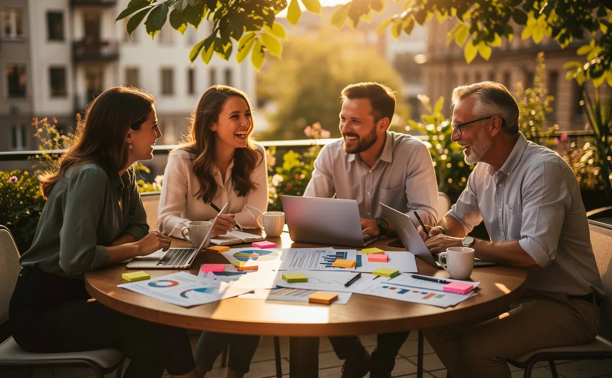 Des professionnels discutent autour d’une table ronde en plein air avec des graphiques colorés à la lumière dorée du soir.