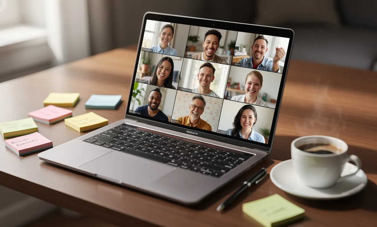 Un ordinateur portable ouvert sur un bureau en bois affiche un appel vidéo avec plusieurs visages souriants, entouré de notes colorées et d'une tasse de café sous une lumière naturelle.