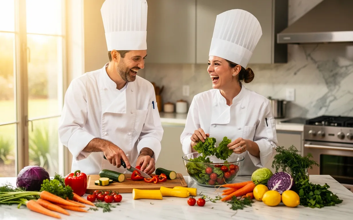 Deux collègues portant des toques rient ensemble en préparant des légumes colorés dans une cuisine moderne baignée de lumière.