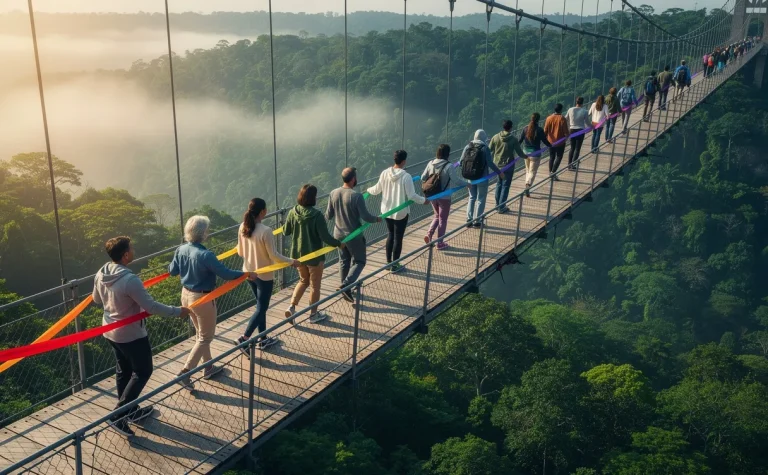 Un groupe de personnes traverse un large pont suspendu au-dessus d’une forêt verdoyante, relié par des rubans colorés sous une lumière matinale douce.