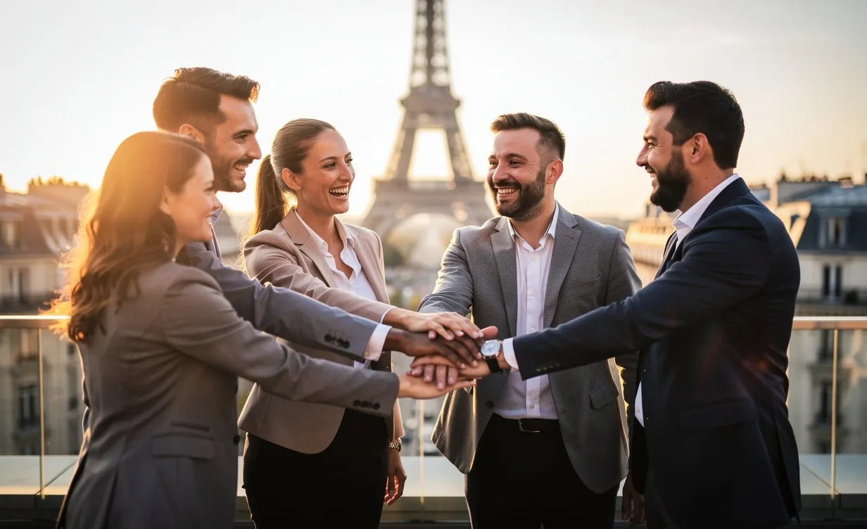 Un groupe de collègues se réunit en cercle et se tient la main sur un toit parisien au coucher du soleil, avec la silhouette floue de la tour Eiffel en arrière-plan.