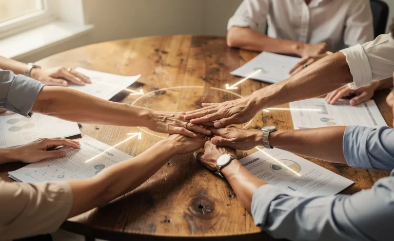 Des mains de différentes personnes se superposent doucement sur une table ronde en bois, entourées de documents et de lignes entrelacées symbolisant la gouvernance partagée, sous une lumière naturelle.