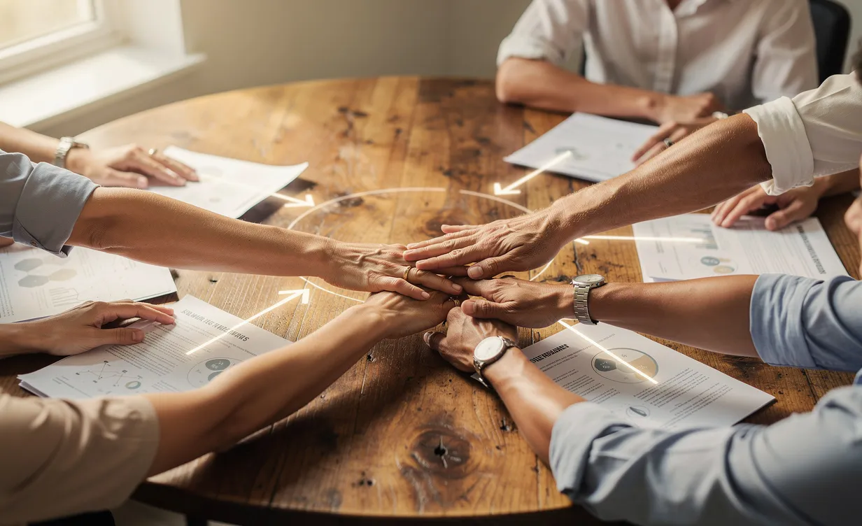 Des mains de différentes personnes se superposent doucement sur une table ronde en bois, entourées de documents et de lignes entrelacées symbolisant la gouvernance partagée, sous une lumière naturelle.
