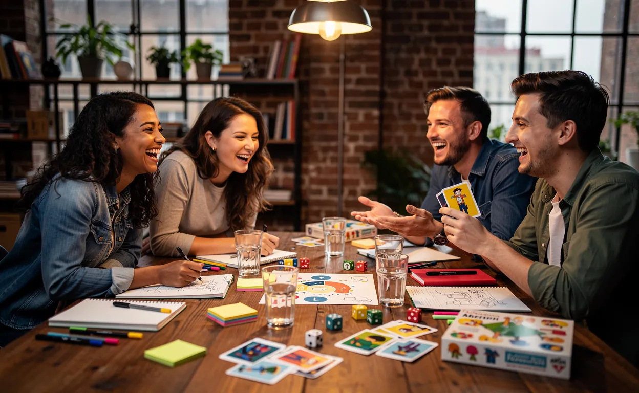 Quatre collègues rient ensemble autour d'une table jonchée de jeux de société, verres vides et fournitures créatives dans un loft éclairé chaleureusement.