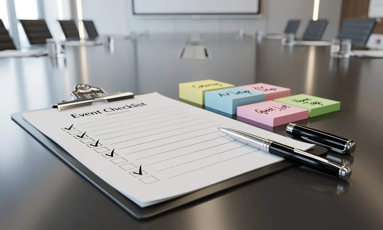 Un clipboard avec une liste de contrôle, des notes adhésives colorées et un stylo reposent sur une table de conférence moderne dans un bureau lumineux préparé pour un événement d’entreprise.